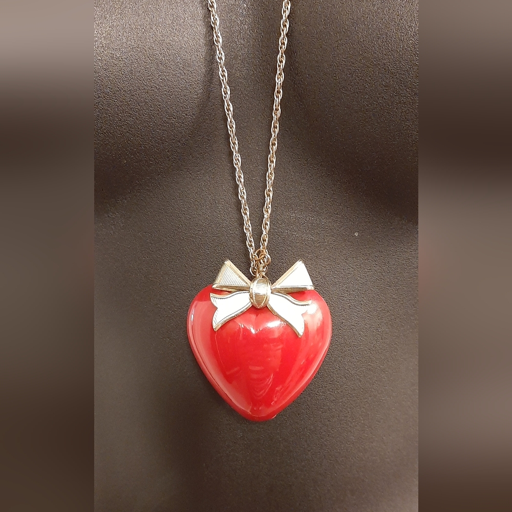 Statement Necklace Large Red Heart with Gold Tone Bow 17" Long